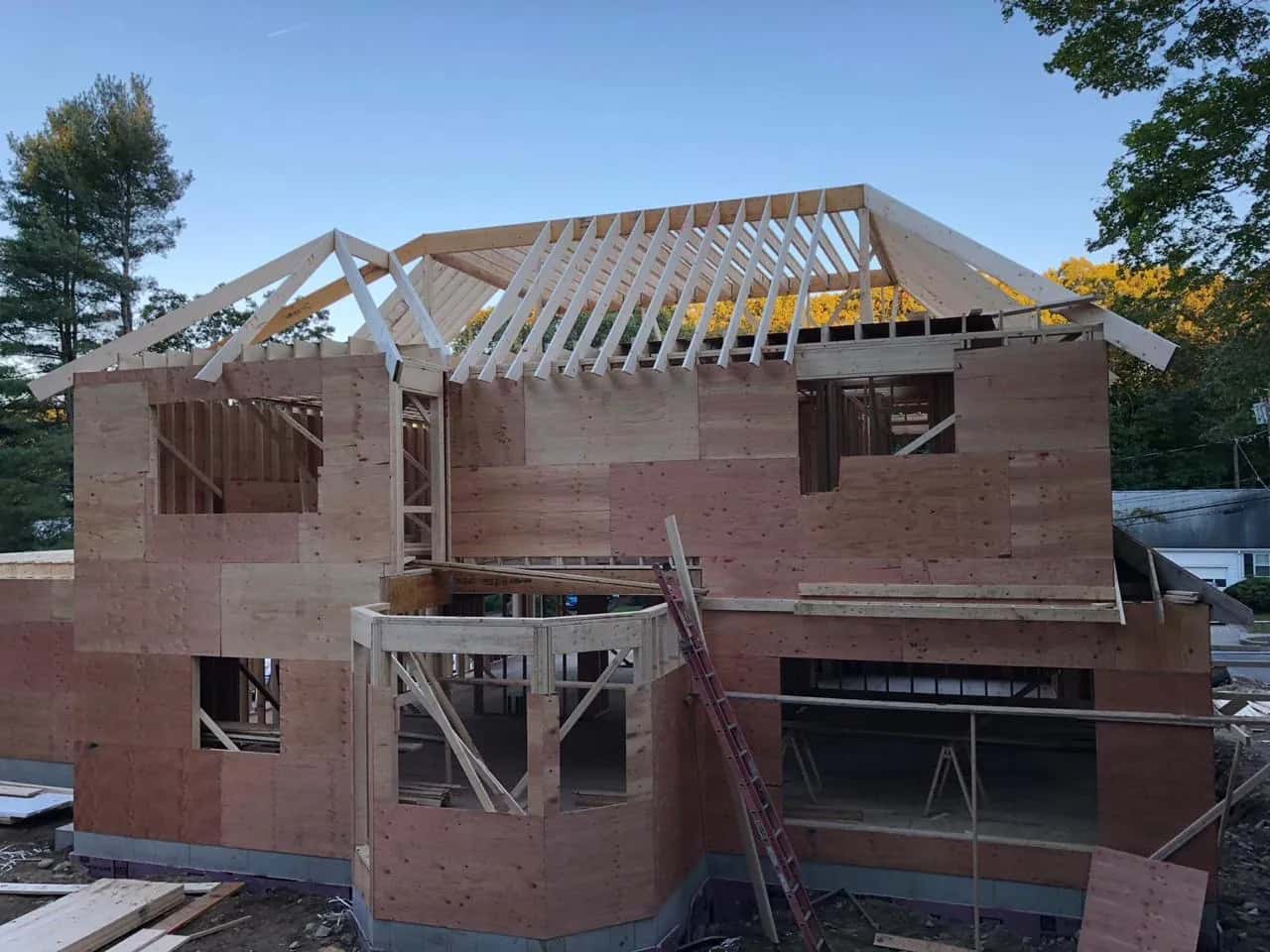 Roof trusses set on a framed single-family house